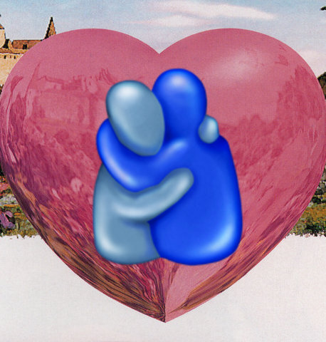 Blue people hugging emoji on a pink heart background, the band logo of A Name For Both Of Us.